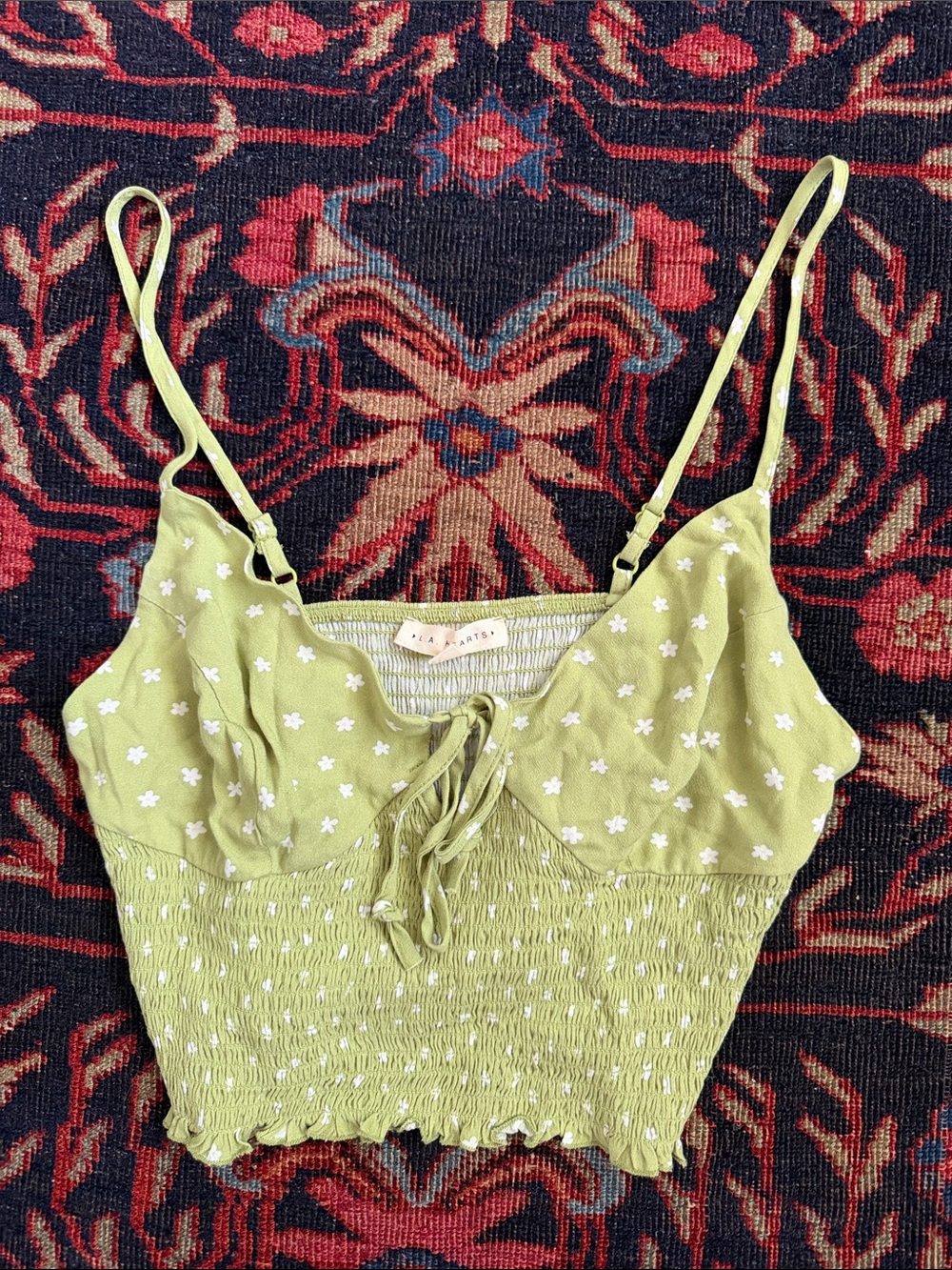 La Hearts Light Green Floral Smocked Tie-Front Tank